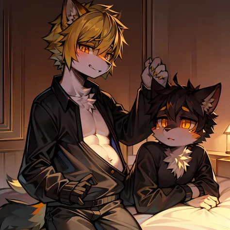 short yellow hair+(Orange-yellow pupils)，bedroom background，Black pajamas，Furry appearance+male people