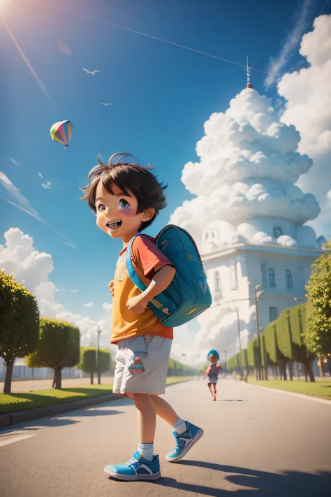 3D cartoon style outing for kids，Carrying a bag，Kite in hand, Blue sky and white clouds Happy smiling faces