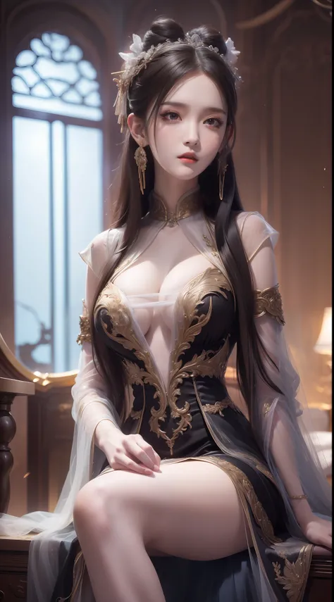 A girl，年轻，Black color hair，horse tailed，Wearing a white tulle dress，A layer of clothing，ssee-through，Looming skin，Hanfu style，Exposed cleavage，D-cups，High quality white stockings，real silk，Raised sexy，inside in room，Sitting，独奏，best qualtiy，best illuminate，...