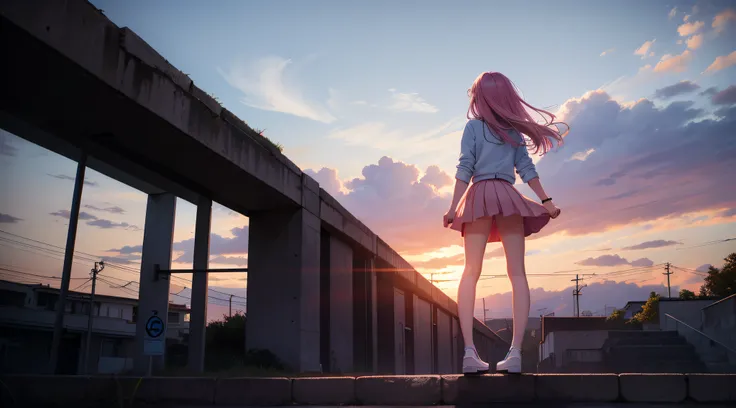 The back of a 16-year-old girl in the sunset，Short pink skirt，White shoes