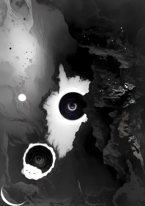 Has two white and black eyes, surreal tears from the moon, abstract holescape,  mandelbulb. Black and white,, digital art 4k unsettling, inspired by Chris Friel, Aqua Eye, author：Chris Freer, Nicolas Delort, Scary eyes，On the right is a black cracked black...