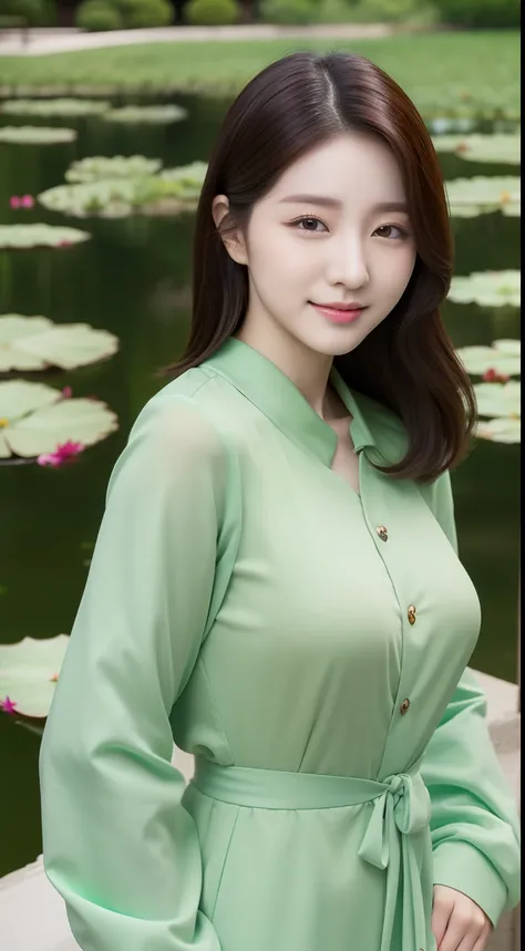 realistic photos of 1 cute Korean star, hair over one eye, white skin, thin makeup, 32 inch breasts size,  wearing green long sleeves shirt, in front of the lotus pond, close-up, UHD