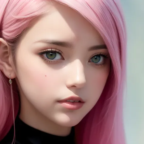 um close up de uma mulher com cabelo rosa e olhos verdes, estilo de arte realista, Arte digital realista 4K, Arte digital realista 4K, arte de anime realista, retrato impressionante do rosto do anime, pintura digital realista, Estilo anime 3D realista, lin...