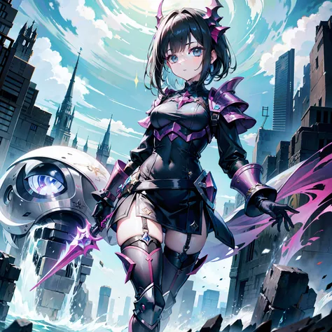 Wearing shiny Morven armor，Harness the behemoth of the ancient flood，It is an alien general with black hair，She is also a cute and cute little sister