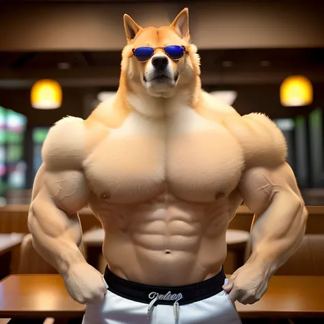 Arafede dog standing in restaurant wearing sunglasses, Super buff and cool, Muscular!!, governor, mr universe, Muscular!, Muscular!!!, beefy, doge meme, Large muscles, musculous, muscular character, Big muscles, very buff, buff man, hairy bodies, dog as a ...