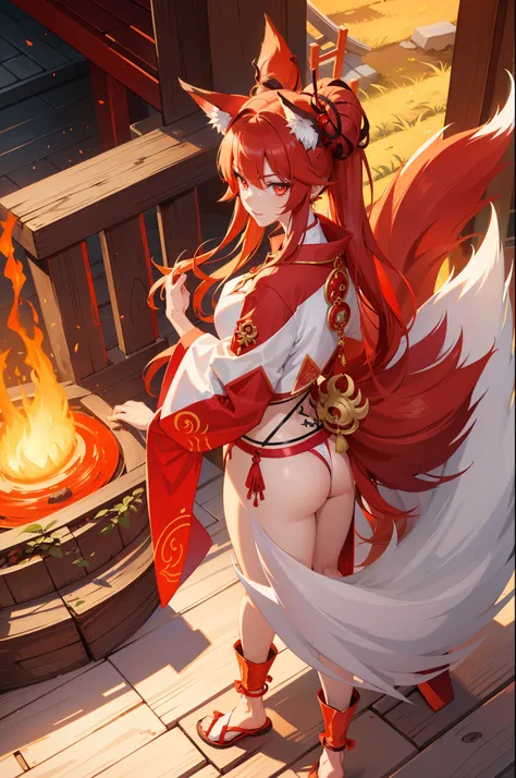 fire fox with nine tails in shrine outfit, perfect body shape, beast fire aura, fierce bright red pupil, croatch tattoo, talisme