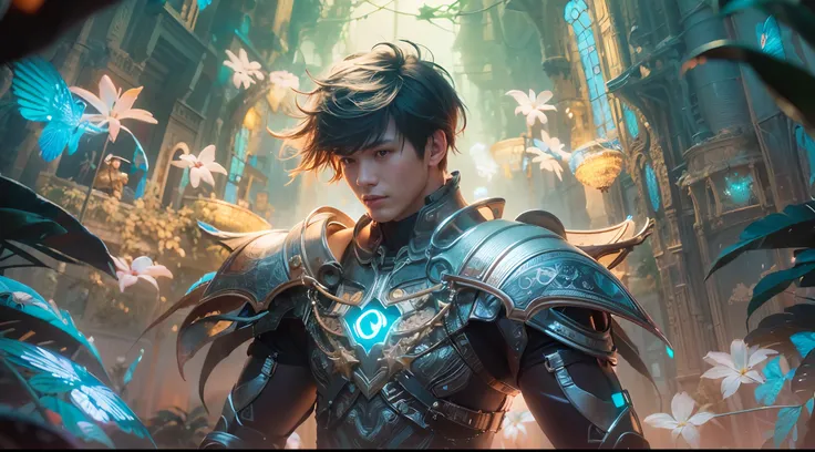 1boy, photo of very very handsome suave smiling young 25-year-old male Chinese prince, clothed in futuristic cybernetic armor, wearing a large futuristic crown, walking in an ethereal enchanted forest with neon glowing flowers and a rainbow in the sky, sci...