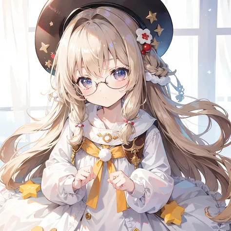 Slightly powdery light brown long hair，Milky white creamy cotton coat，It is a cute little loli wearing glasses