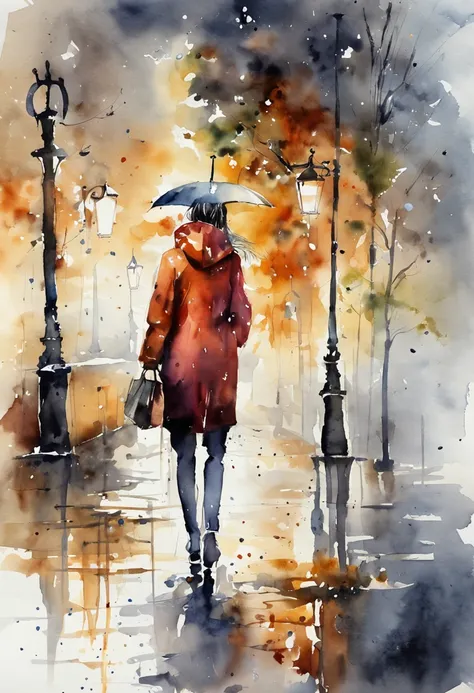 heavy rain, almost dark, walking through modern city, coat wrapped tightly around, 40 yr old woman walks alone