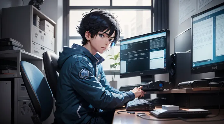 best qualtiy：1.0），（超高分辨率：1.0），anime boys，with short black hair，blue color eyes，sitting in front of the computer，write a program ...