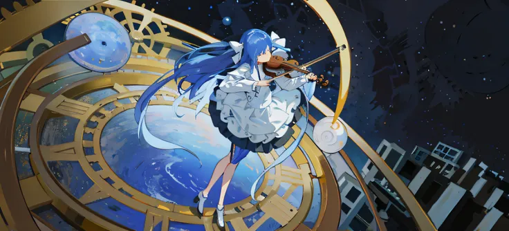 Blue-haired wearing white skirt Girl Universe and Earth Standing on the time wheel and playing the violin