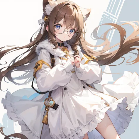 Long light brown hair with a slightly powdery twist，Milky white milky cotton coat，This is a cute little loli with glasses