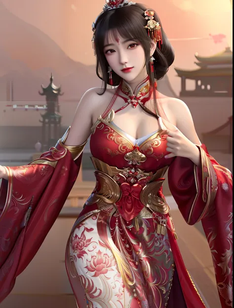 Close-up of a woman in a red dress and a red cape, a beautiful fantasy empress, Beautiful rendering of the Tang Dynasty, beautiful and seductive anime woman, 8K high quality detailed art, by Yang J, Chinese style, Chinese dress, Palace ， A girl in Hanfu, C...