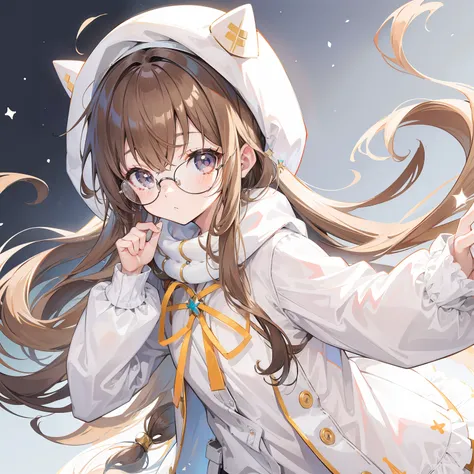 Long light brown hair with a slightly powdery twist，Milky white milky cotton coat，This is a cute little loli with glasses