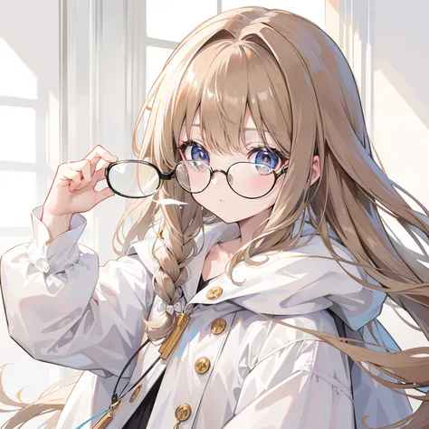 Long light brown hair with a slightly powdery twist，Milky white milky cotton coat，This is a cute little loli with glasses