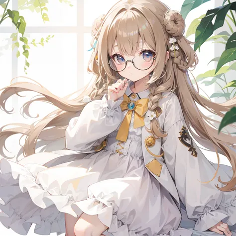 light-brown long hair，Slightly powdery twist，Milky white milky cotton coat，This is a cute little loli with glasses