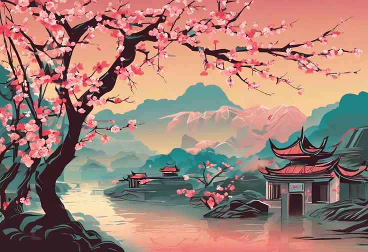 vietnamese style landscape painting, peach blossom