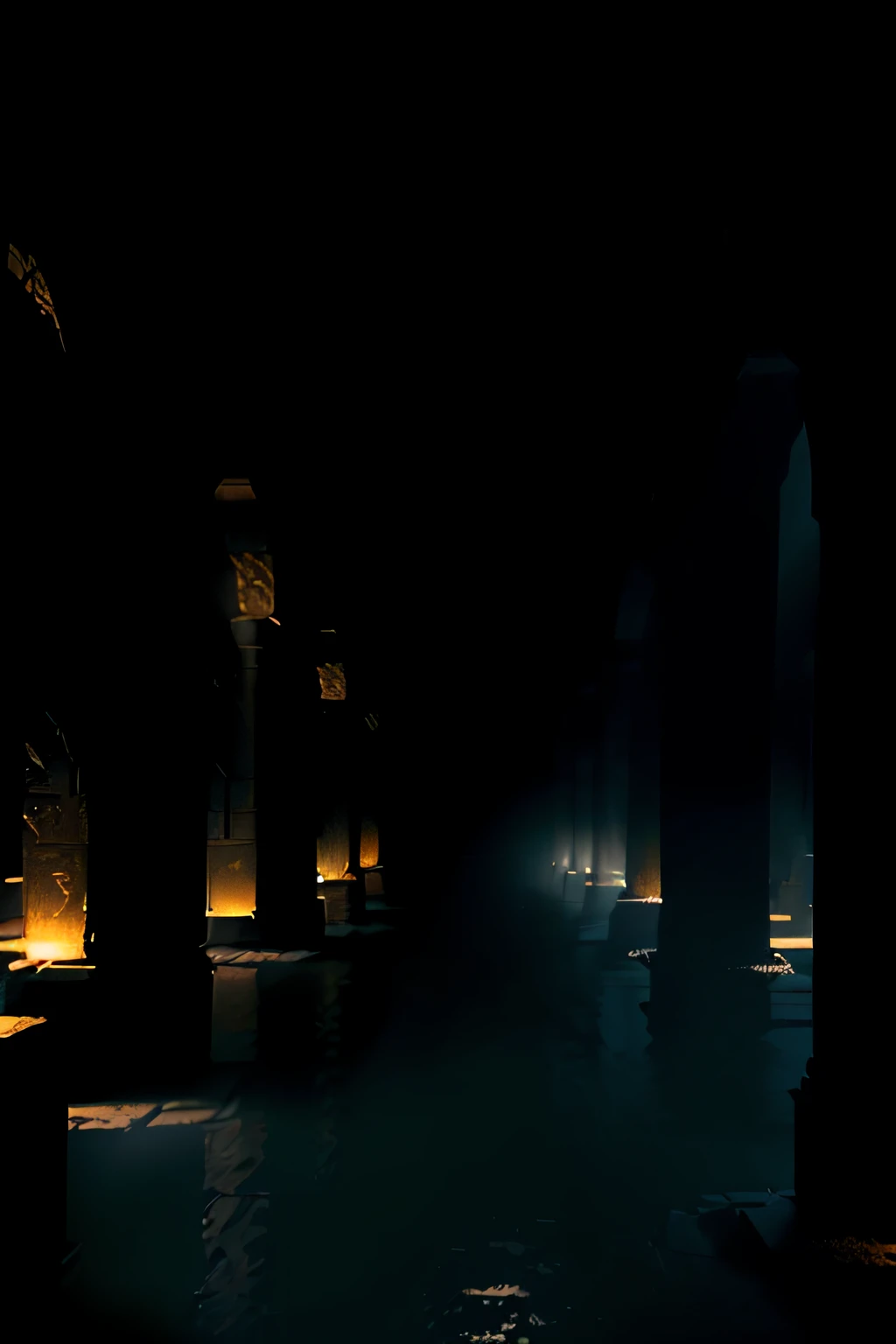 there are many columns in the dark with lights on, ancient. atmospheric lighting, volumetric lighting caustics, in persian temple wet night, 8 k. volumetric lighting. dark, dark volumetric lighting, volumetric lighting. fantasy, dark night environment, dar...