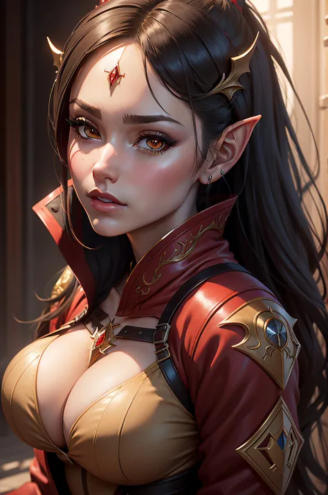 Close up portrait of woman with very big breasts in red jacket, 2. 5 d cgi anime fantasy artwork, portrait of an elf queen, very detailed Artgerm, ArtGerm ; 3d unreal engine, Dark Elf Princess, wlop rossdraws, ig model | ArtGerm, Alexandra Fomina Artstatio...