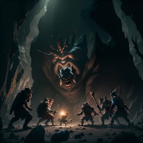 a group of adventurers fighting an evil troll in front of a dark cave mouth, beautiful shadow and lighting, masterpiece, absurdes, 4k