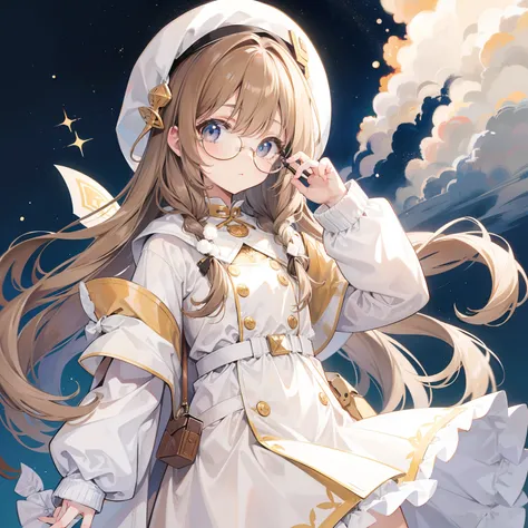 light-brown long hair，Slightly powdery twist，Milky white milky cotton coat，This is a cute little loli with glasses