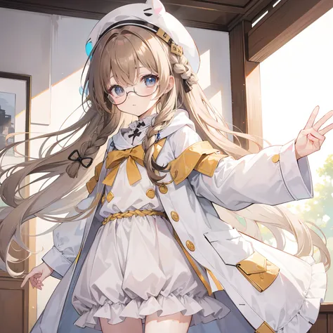 light-brown long hair，Slightly powdery twist，Milky white milky cotton coat，This is a cute little loli with glasses