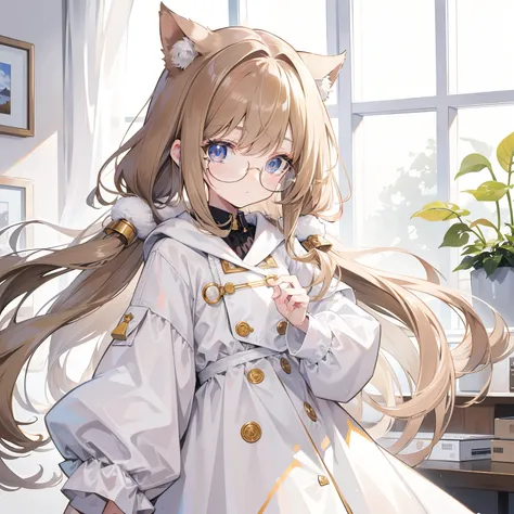 Long light brown hair with a slightly powdery twist，Milky white milky cotton coat，This is a cute little loli with glasses