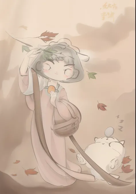 a drawing of a woman with a sword and a cat, wind blowing leaves, wind blowing leaves, 🍁 Cute, covered in fallen leaves, windy day, during fall, in fall, inspired by Sōami, she is a gourd, from touhou, sakura petals around her, small curvaceous loli, wind ...