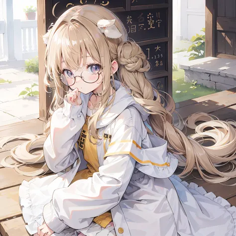 light-brown long hair，Slightly powdery twist，Milky white milky cotton coat，This is a cute little loli with glasses