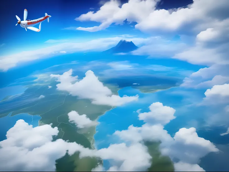 Travel season，Propeller aircraft、upper sky，with blue sky and white clouds，in a cloud，Far Mountain，planet earth，anime big breast，quadratic element，C4D, hiyao miyazaki，super detailing，high qulity，Dont be characterized