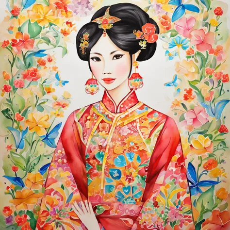 (FULL BODYSHOT:1.4), colorfull background, (1 vietnamese young girl, aodai, nhat binh, nhat binh dress, Glowing wings, Halo, Exquisite headdress, Smile), (paper art, Quilted Paper Art, Geometry), highly colorful