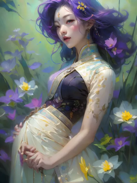 HighestQuali，tmasterpiece：1.2，Detailed details，4K，A beautiful painting of ladies，Her purple hair was surrounded by flowers, inspired by Lin Liang, Trend of CGsociety, arte figurativa, tyrus wong, daffodil, amarelo、blue and cyan colors, author：tom bagshaw, ...