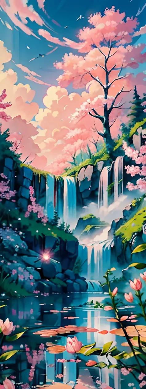 （A landscape painting full of illusory artistic conception）,（High waterfalls fall from the sky）,The waterfall occupies eighty percent of the length of the entire picture,Above the waterfall is the blue sky,Rolling white clouds,Below the waterfall is a pond...