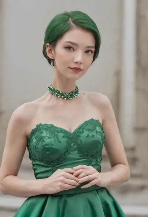 Green Pearl Necklace, Satin green long gloves, lipsticks, Green shorthair, satin, Green dress, bride, the kiss, A smile