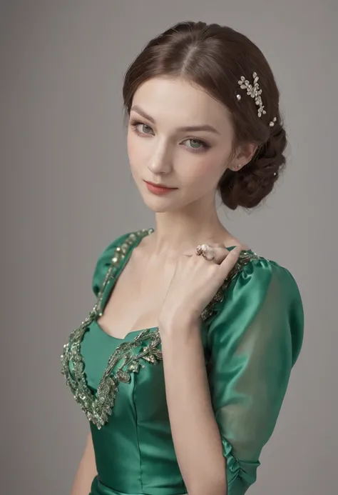 Green Pearl Necklace, Satin green long gloves, lipsticks, Green shorthair, satin, Green dress, bride, the kiss, A smile