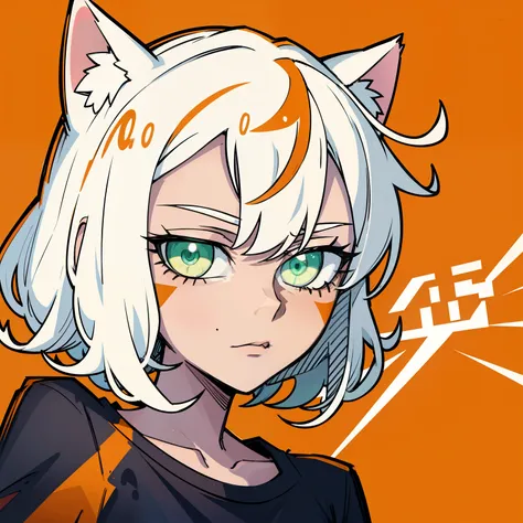 portrait, half body, 1girl, medium white hair, orange cat ears, relaxed, looking at viewer, black t-shirt, spoken heart, beautif...