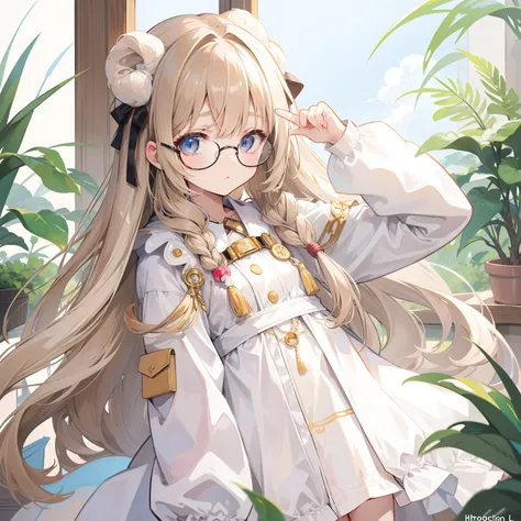 light-brown long hair，Slightly powdery twist，Milky white milky cotton coat，This is a cute little loli with glasses