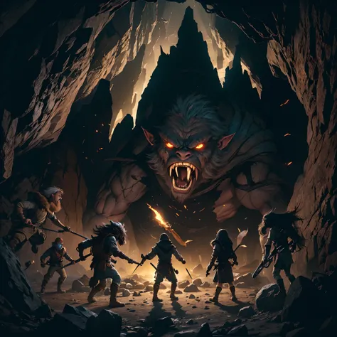 a group of adventurers fighting an evil troll in front of a dark cave mouth, beautiful shadow and lighting, masterpiece, absurdes, 4k