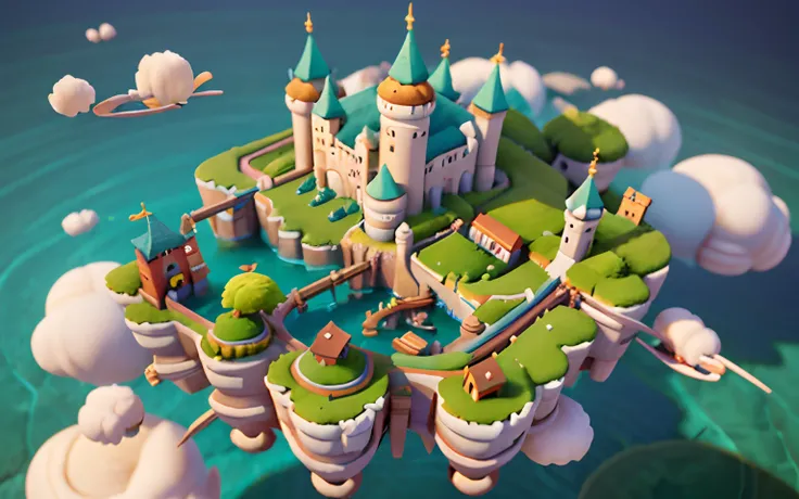 Closeup of an island with a castle on it, isometric island in the sky, 3 D rendering stylization, stylized concept art, isometric 3d fantasy island, floating and flying island, flying island, stylized 3d rendering, stylized game art 8k gemes.