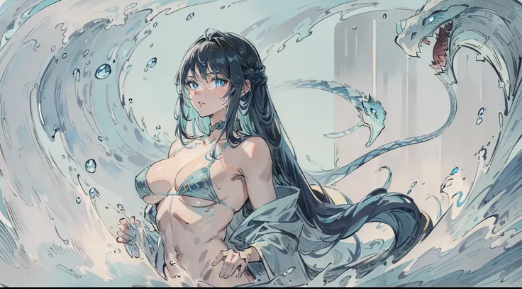 A mythical creature lurks. ocean water，，，Half man, half snake，with long coiled hair，，blue color eyes，，medium boob，gray colored skin，8K，Rainy days，，Aqua blue curly long hair，Snake tail，，Long tail，The face is delicate，Best image quality