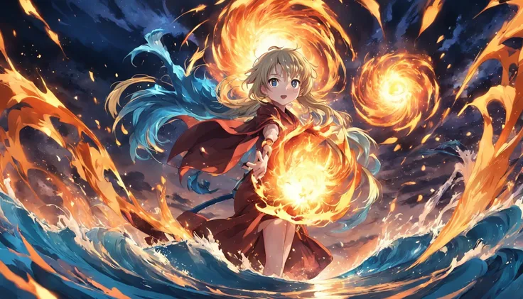 (masterpiece, best quality) anime scene, rule of third, water and fire element, mix of water and fire, water orb and fire orb, no character