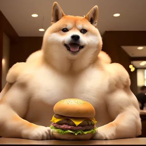 a professional photo of [(((buff Swoledoge))):buff Swoledoge:8], grinning, dog body, eating a large burger in a restaurant, cinematic dramatic light, smooth transition, bokeh