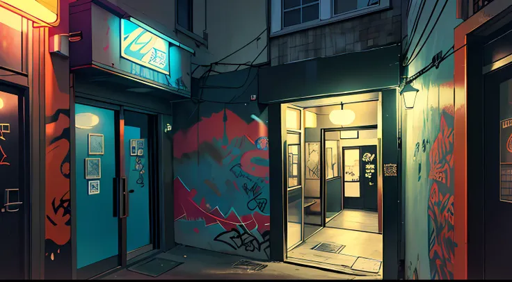 the night，There is a sense of atmosphere，wide high angle view，detail-rich，The quality is clear，The light and shadow are reasonable，In front of the tattoo parlor，glass door，Graffiti on the door，There is a lamp next to the door，