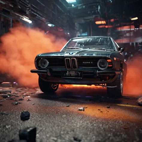 a smoky dark bacground behind a BMW car used for marketing, neon ambiance, abstract black oil, gear mecha, detailed acrylic, grunge, intricate complexity, rendered in unreal engine, photorealistic