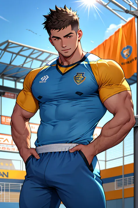 Draw a full-fledged athlete，Stand on the central field of the gym，He wears high-end sportswear，The man looks confident and determined，rays of sunshine，cheerful big breasts，Handsome，Crew cut，full bodyesbian，shooting from below，