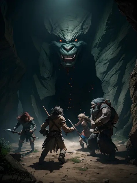 a group of adventurers fighting an evil troll in front of a dark cave mouth, beautiful shadow and lighting, masterpiece, absurdes, 4k