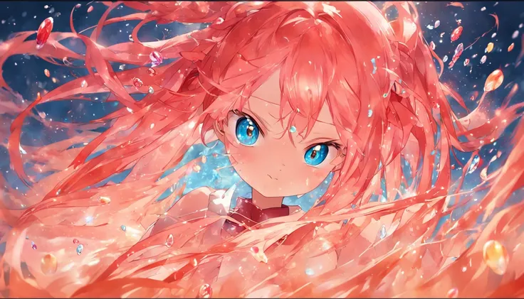 (Masterpiece, Best quality) anime scene, rule of third, Water and fire elements, A mixture of water and fire, Water balloons and fireballs, no character，a beauty girl，Pink Long Hair，dual horsetail，Jewel-like blue eyes，High-priced texture