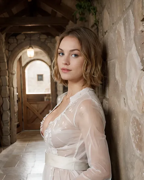 Photo of yvonne strahovski in a semi transparent white Roman toga for women, solo, blue eyes, reverse bob haircut, big breasts, facing camera, open exterior hallway with stone walls and floors, warm atmosphere, photograph, photoshoot, Captured by Panavisio...