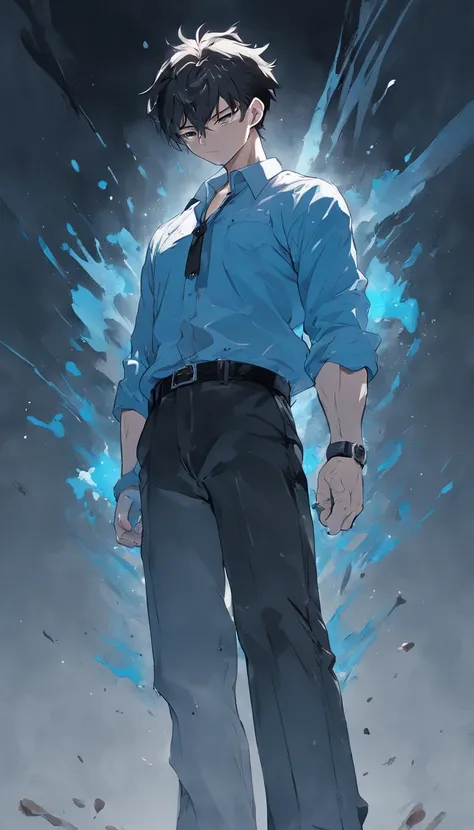 1 man, male focus solo, middle aged man, tall, lean muscle, light blue shirt, brown leather shoulder holster, faded black trouser, full body shot, black short hair, facial hair, holding a pistol with two hands, (pistol:1.2), ultra high quality, masterpiece...