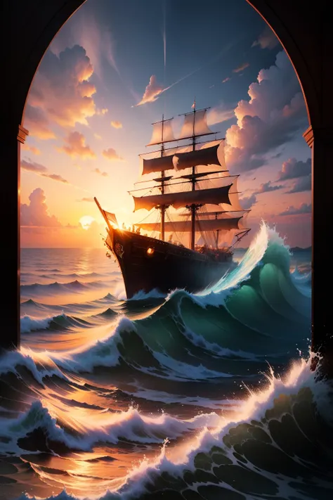 tmasterpiece，（真实感：1.4），best qualtiy，Beautiful sunset，Super detailed，Noahs Ark rides the waves on the sea